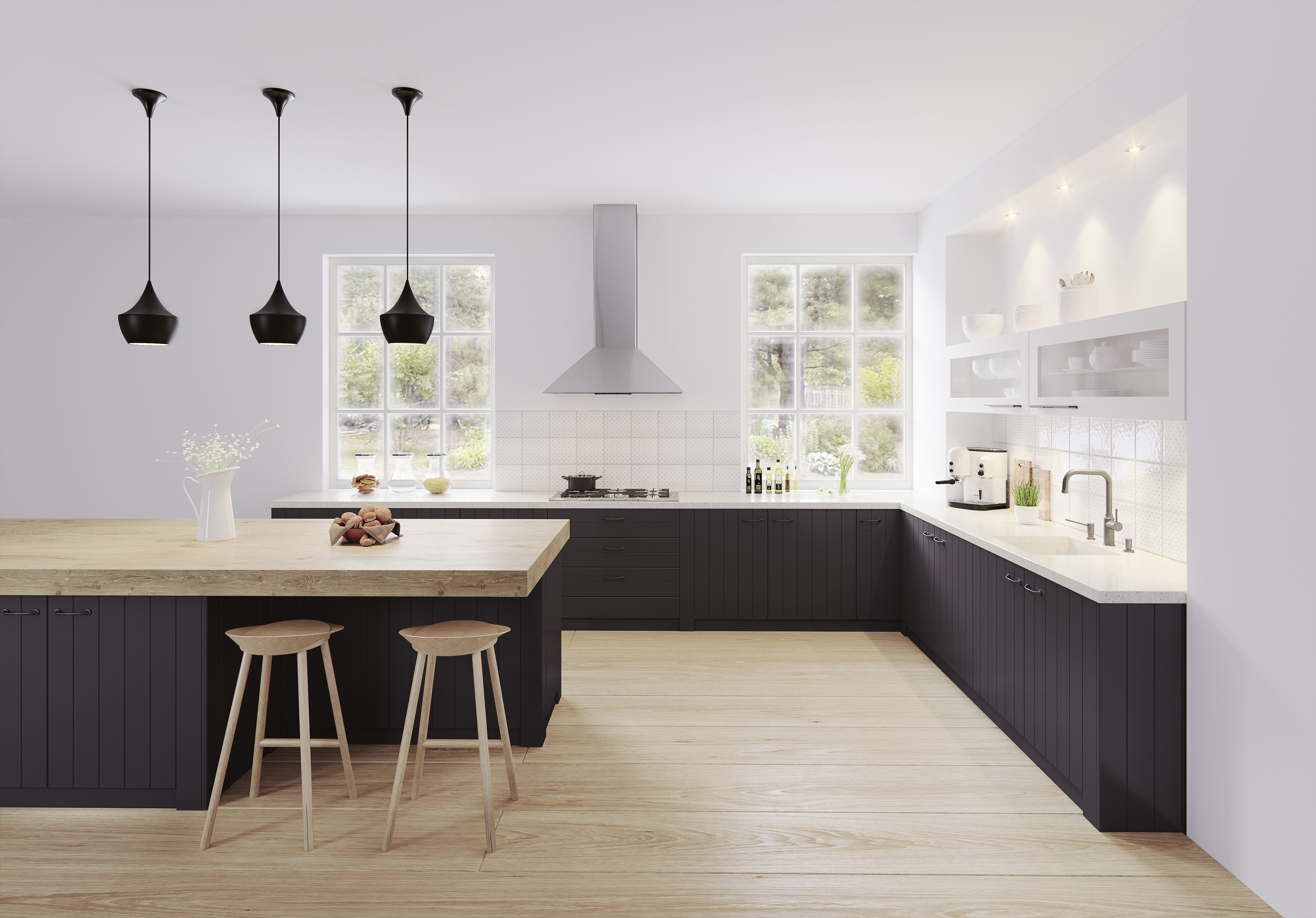 View into a kitchen with black base units