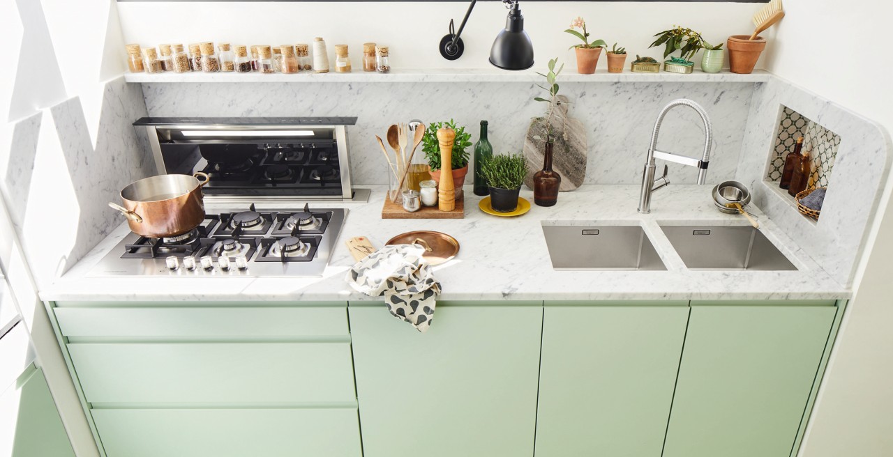 A beautiful country house style kitchen in fresh mint