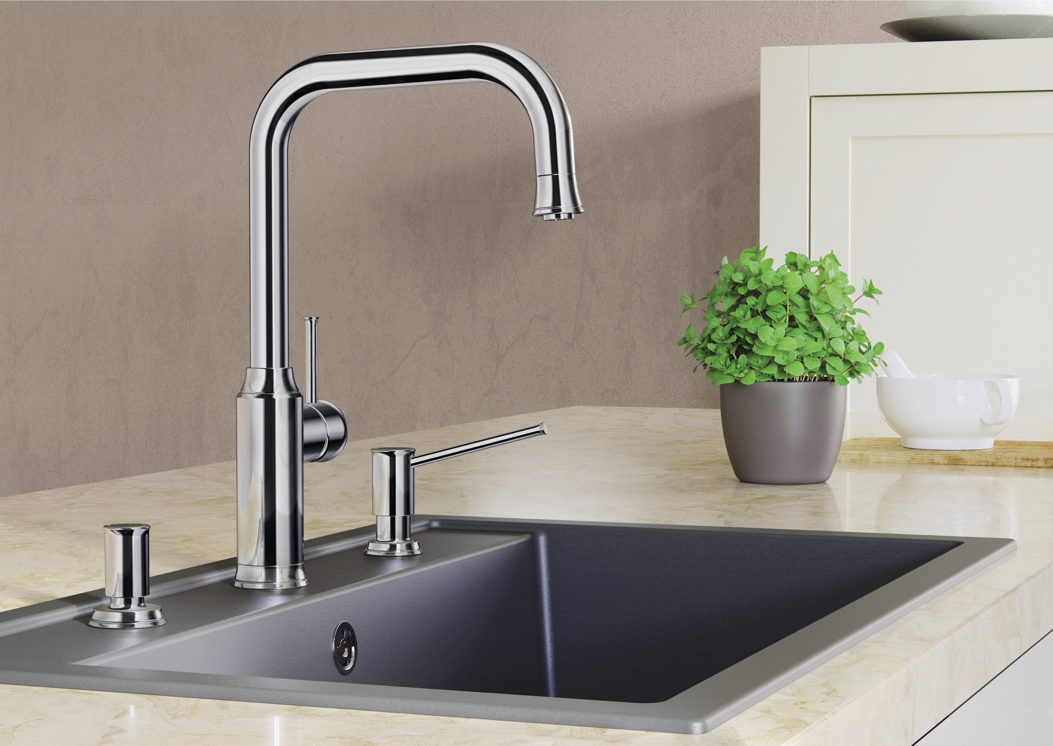 This high-spouted kitchen mixer tap features an impressive pull-out spray